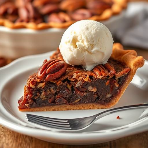Chocolate Bourbon Pecan Pie with a scoop of vanilla ice cream.