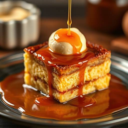 Classic Bread Pudding with a caramel sauce drizzle.