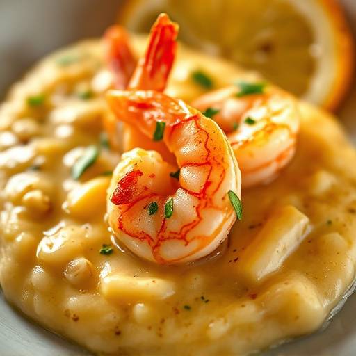Close-up of perfectly plated Shrimp and Grits, a Southern classic.
