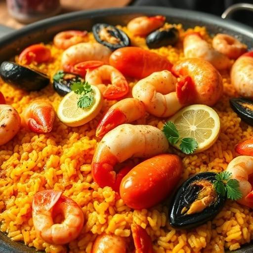 Colorful Seafood Paella overflowing with fresh seafood and saffron rice.