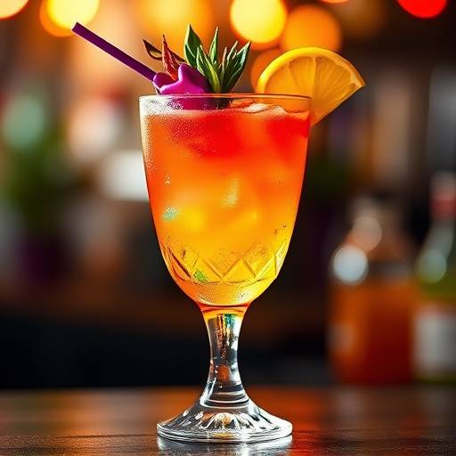 Craft cocktail with colorful garnish.