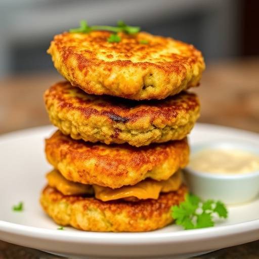 Crispy Fried Green Tomatoes stacked on a plate with remoulade sauce.