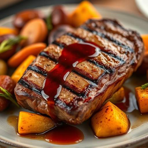 Grilled Ribeye with Bourbon Glaze, served with roasted root vegetables.