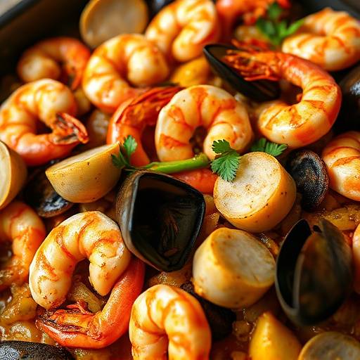 Lowcountry Seafood Paella with shrimp, scallops, mussels, and clams.