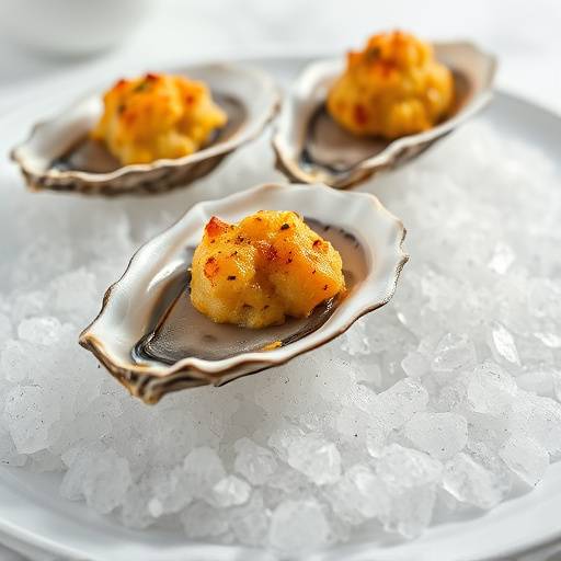 Oysters Rockefeller plated on a bed of rock salt.