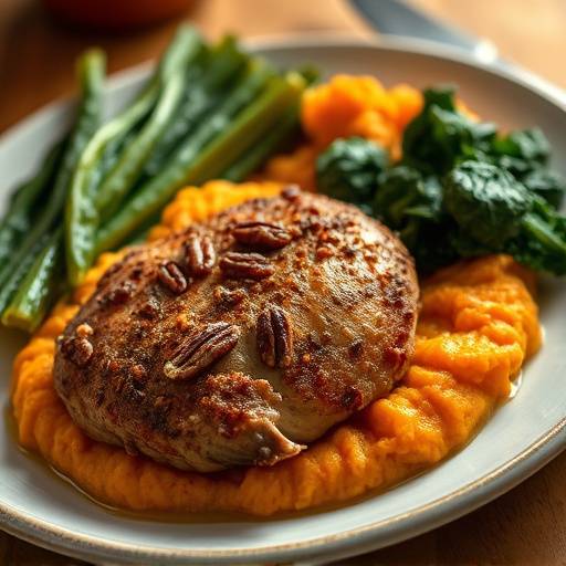 Pecan-Crusted Chicken with sweet potato mash and collard greens.