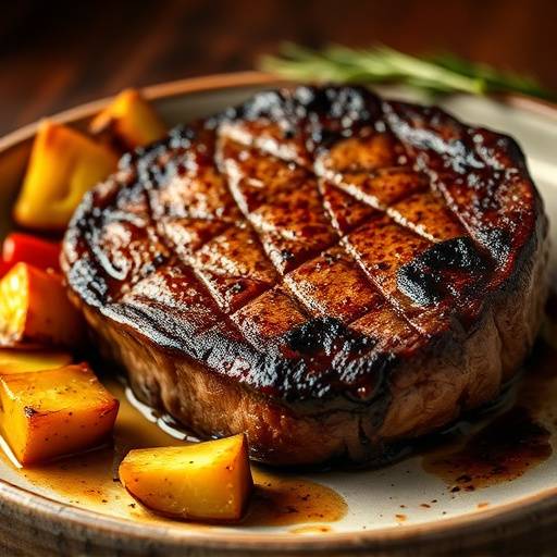 Perfectly seared Grilled Ribeye Steak served with roasted vegetables.