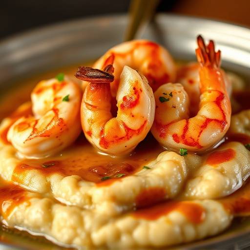 Shrimp and Grits with creamy grits, grilled shrimp, and Andouille sausage gravy.