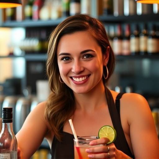 Smiling portrait of Amelia Sterling, the Head Bartender, mixing a cocktail.