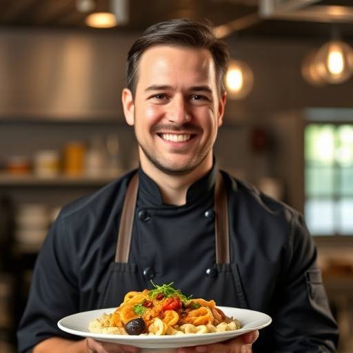 Smiling portrait of Charles Beaumont, the Sous Chef, holding a plate of food.