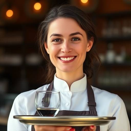 Smiling portrait of Clara Maeve, the Head Server, holding a tray with glasses.