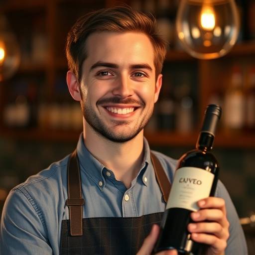 Smiling portrait of Elijah Corvus, the Sommelier, holding a bottle of wine.