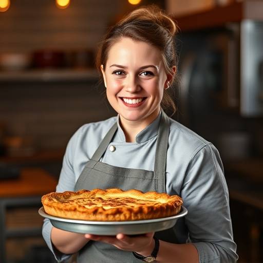 Smiling portrait of Genevieve Hawthorne, the Pastry Chef, holding a plate with a pie.