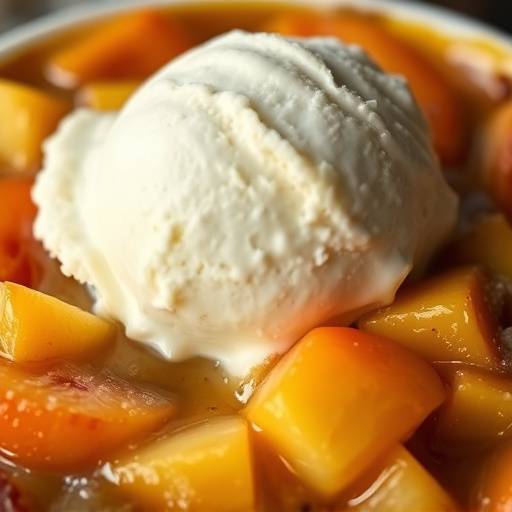 Warm Peach Cobbler with a scoop of vanilla ice cream.